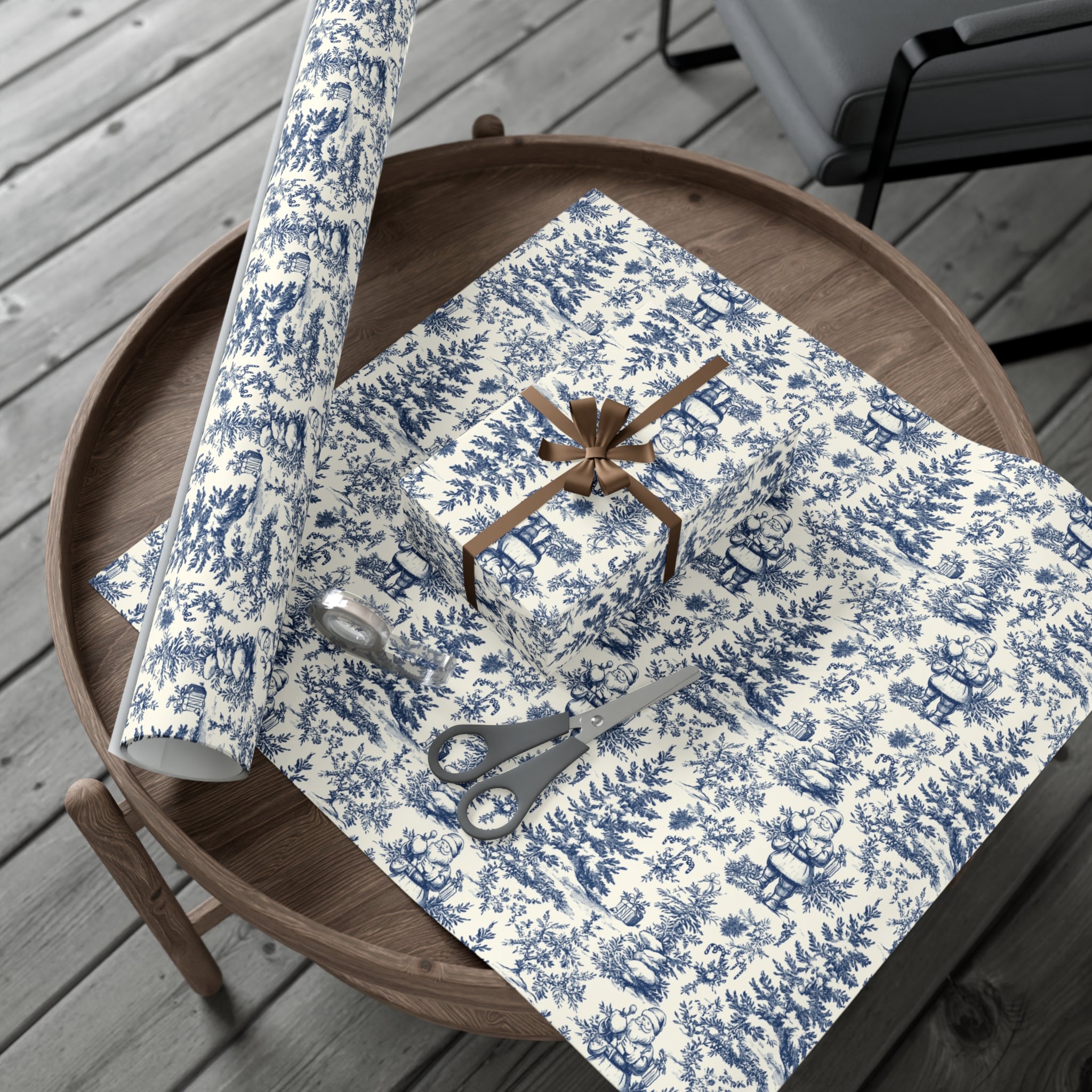 Vintage Blue Santa Toile Wrapping Paper