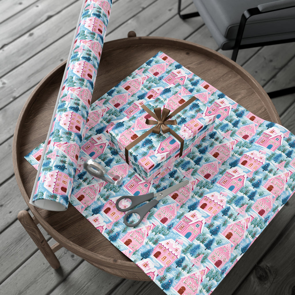 Pink Gingerbread Village Wrapping Paper