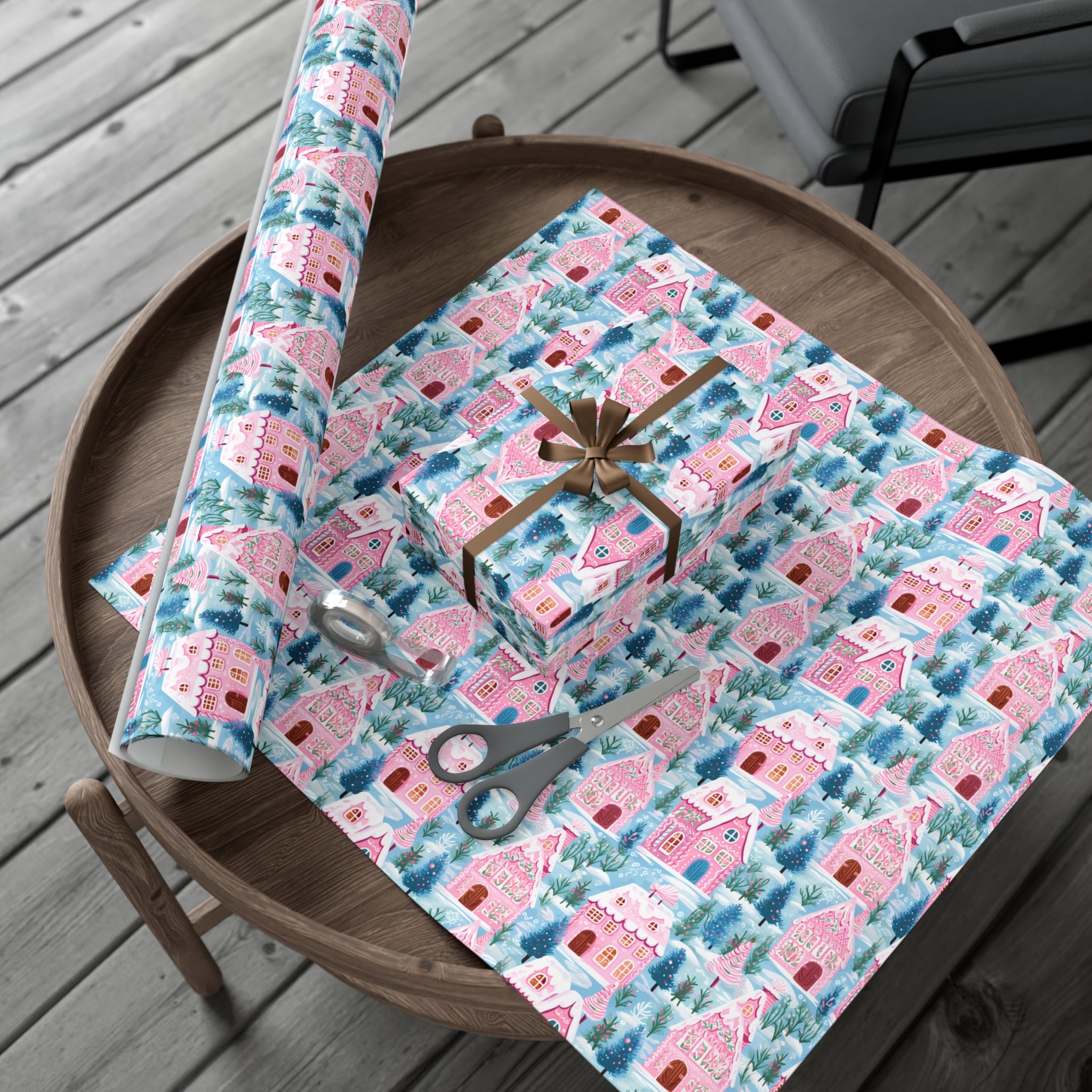 Pink Gingerbread Village Wrapping Paper