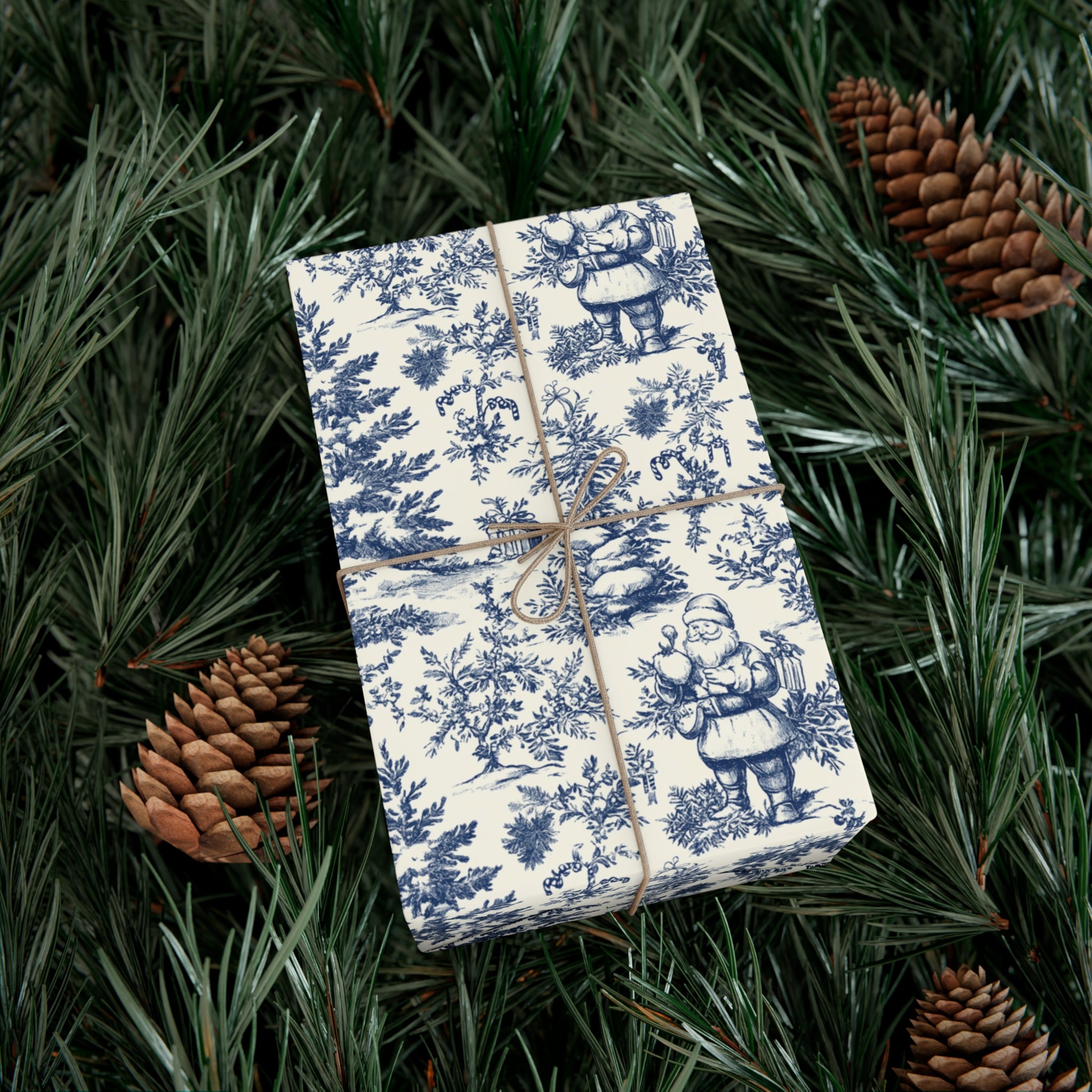 Vintage Blue Santa Toile Wrapping Paper