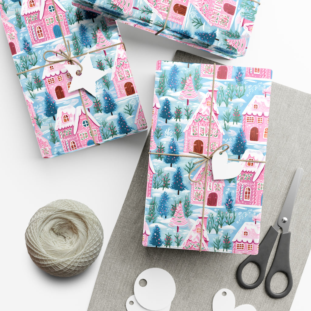 Pink Gingerbread Village Wrapping Paper