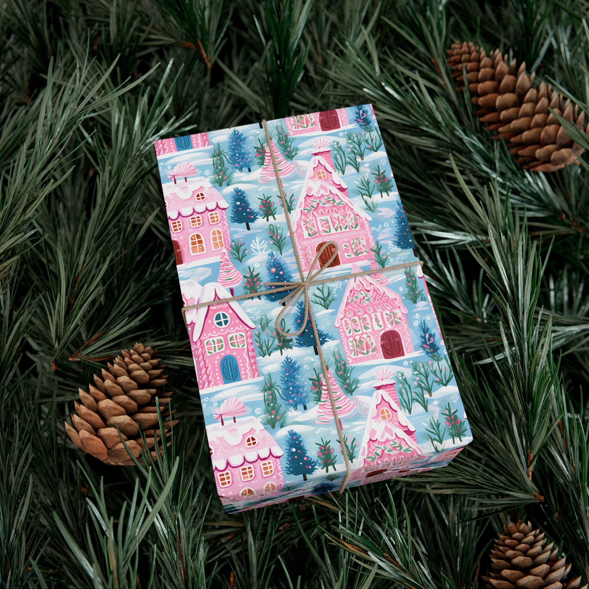 Pink Gingerbread Village Wrapping Paper