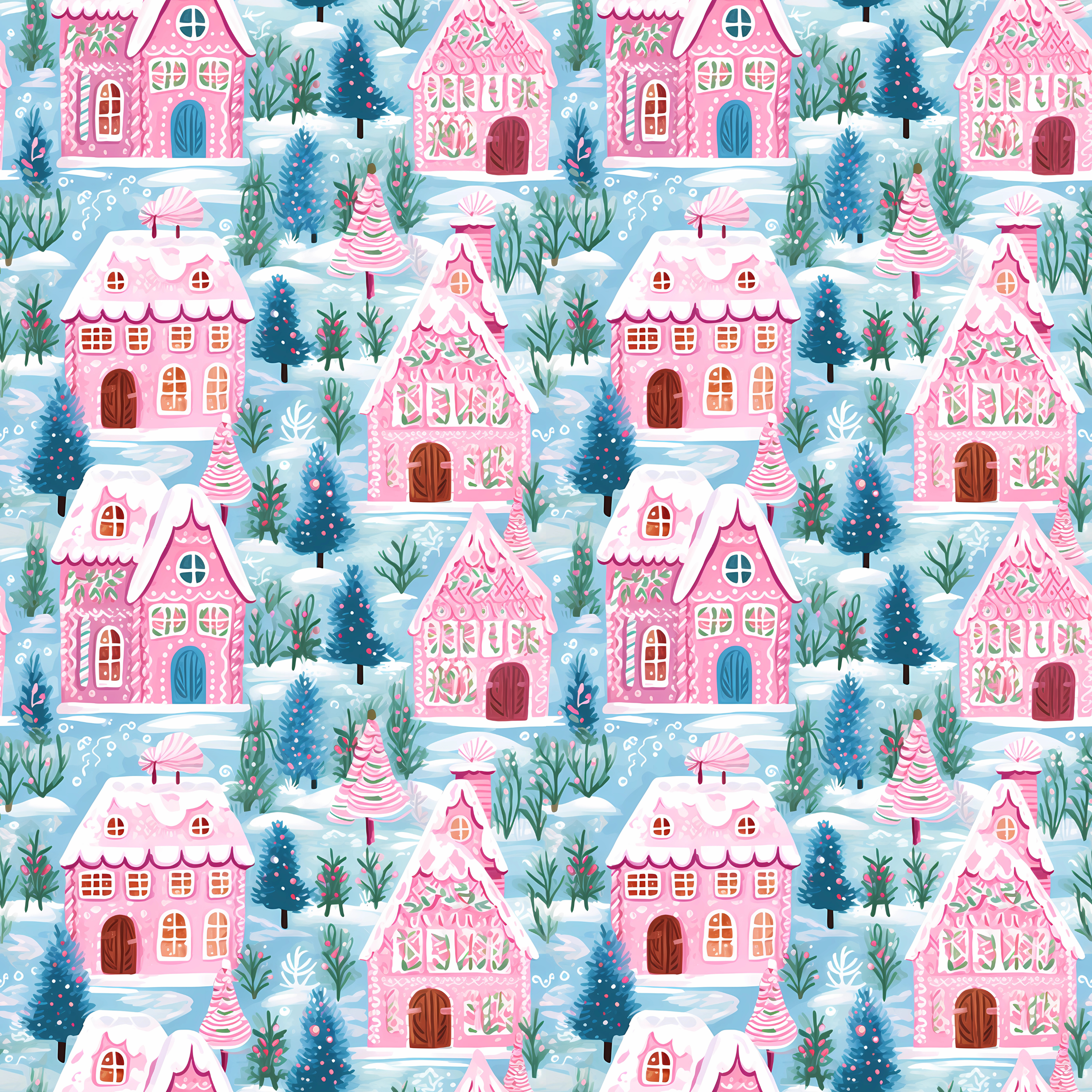 Pink Gingerbread Village Wrapping Paper