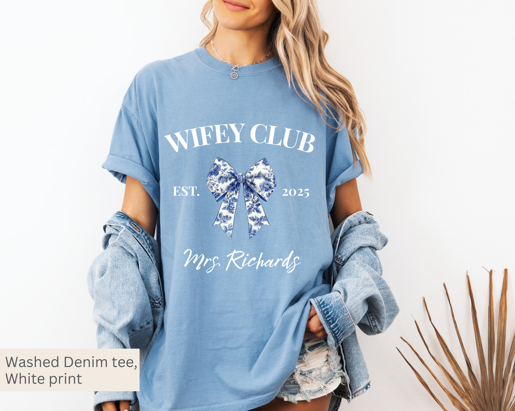 Wifey Club Blue Toile Bow Tee