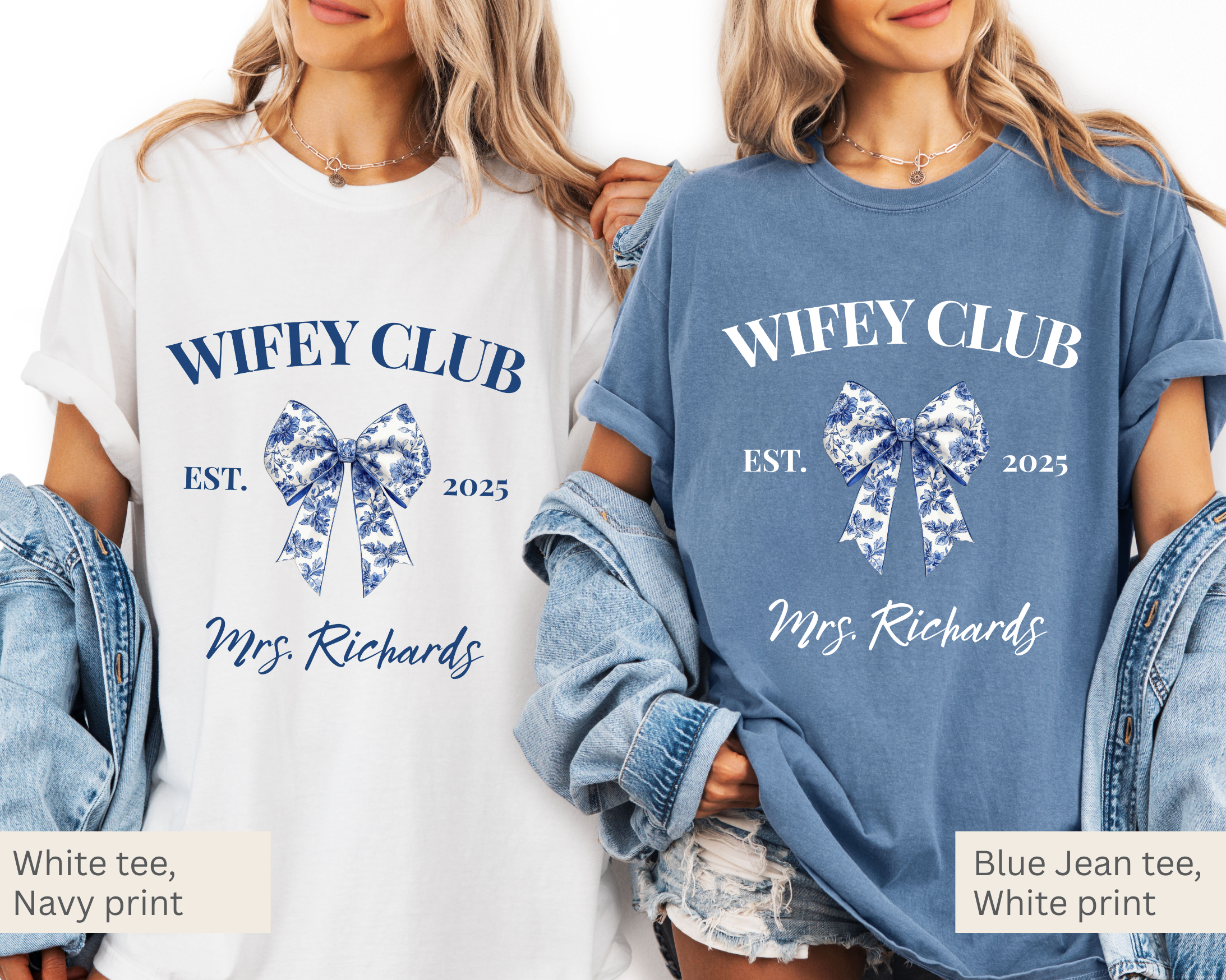 Wifey Club Blue Toile Bow Tee