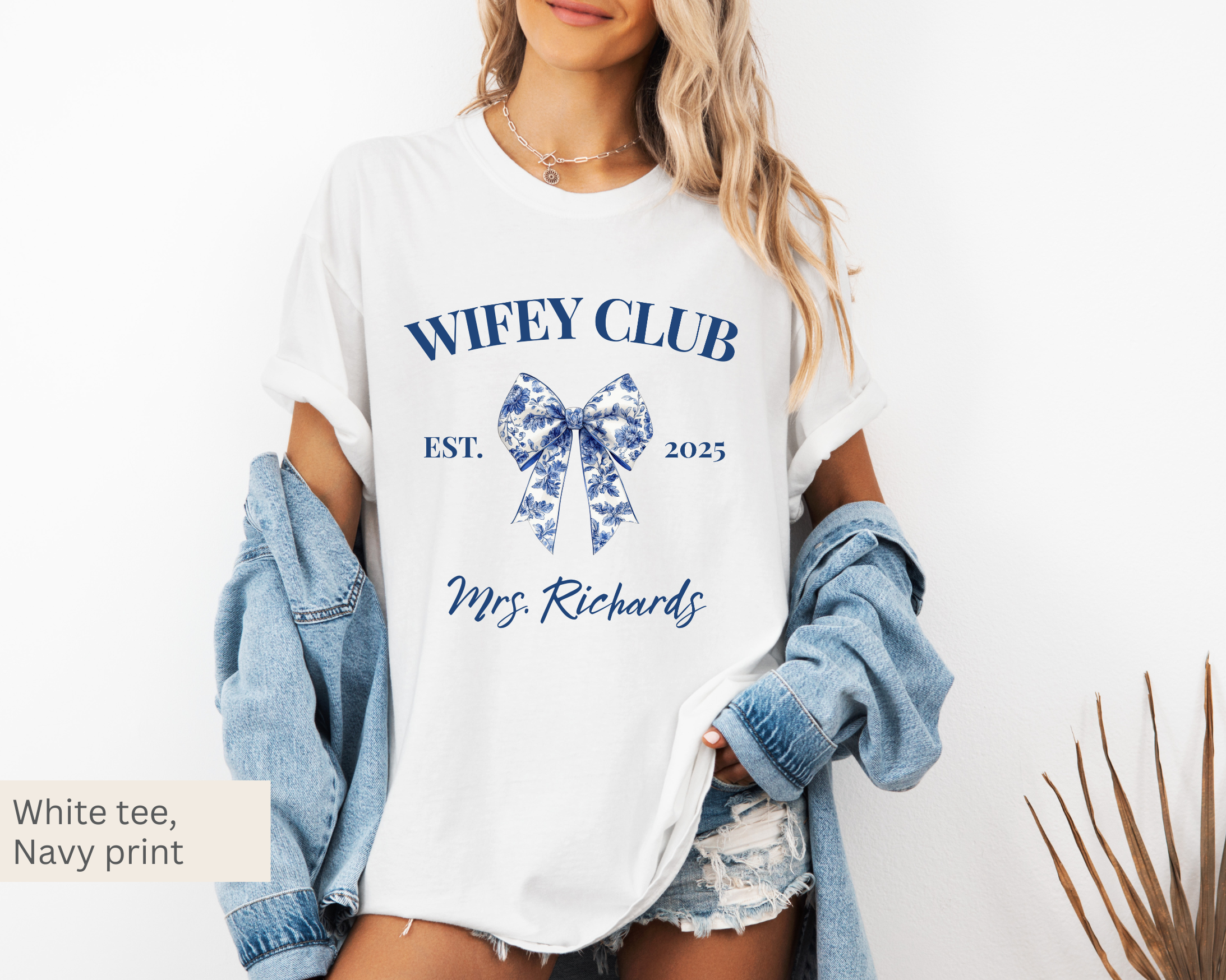 Wifey Club Blue Toile Bow Tee